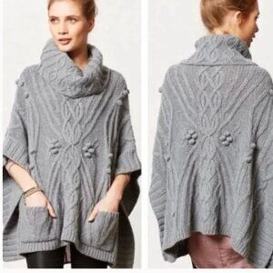 ANTHROPOLOGIE Sleeping on Snow Gray Cowl Neck Wool Blend Sweater Poncho size OS